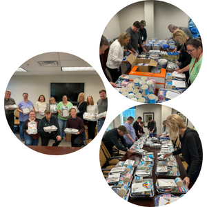 Photos of group of associates building birthday kits for Baltimore Hunger Project donation